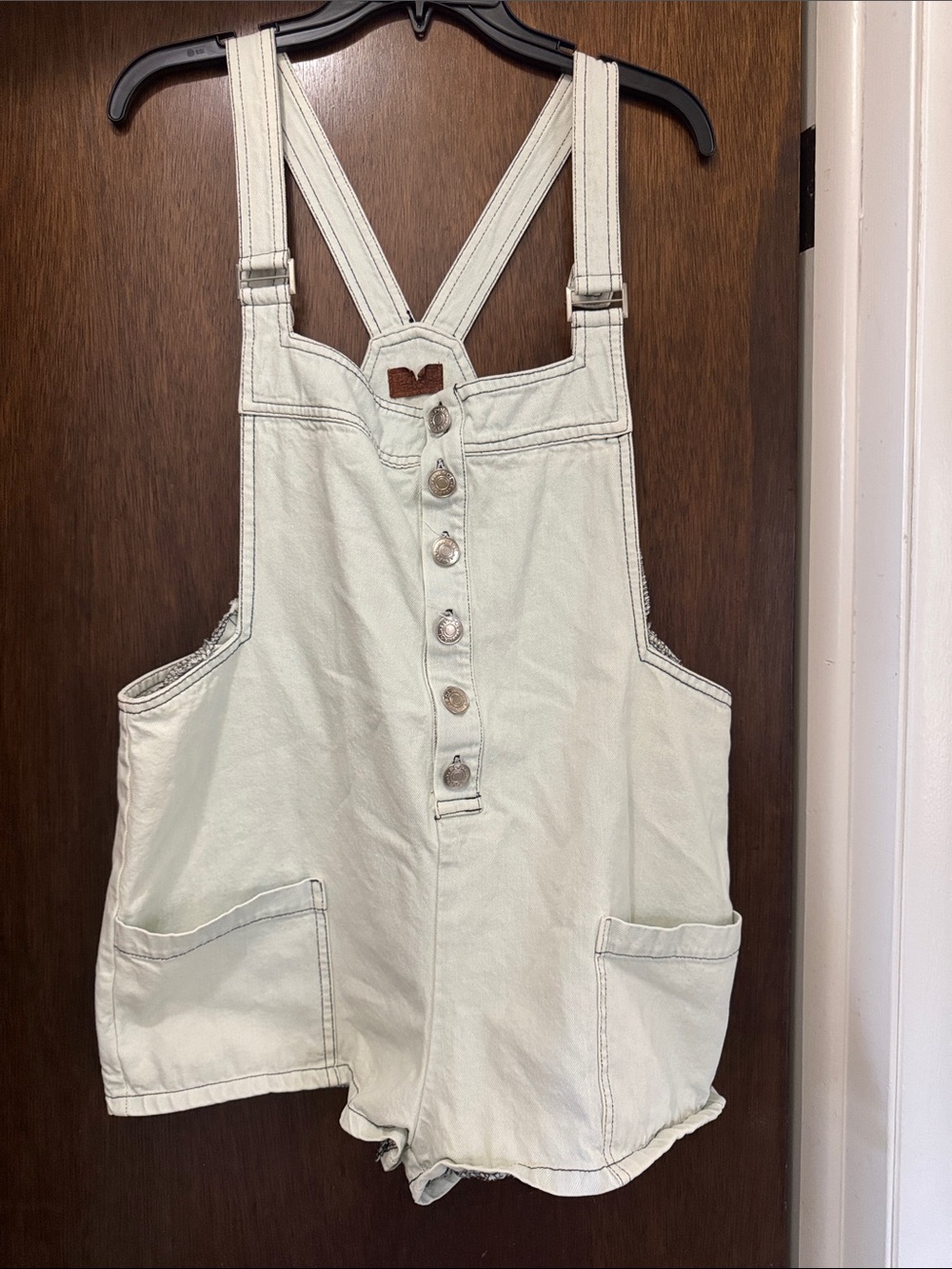 POL Light Denim Button-Front Short Overalls Romper